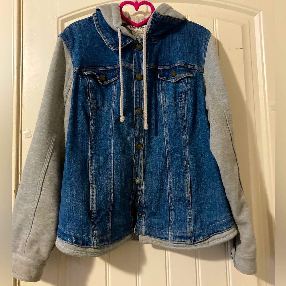 North Style denim jacket and layered gray look
